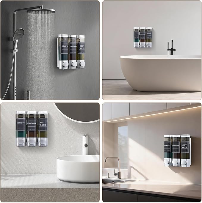 Shampoo and Conditioner Dispenser,Shower Soap Dispenser 3 Chamber No Drill Wall-Mounted for Bathroom & Hotel Leak-Proof Pumps, for Thick Liquids Like Conditioner - 1050ML High Capacity, Silver