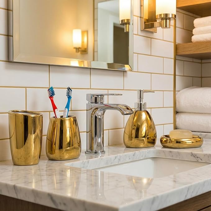 MyGift 4 Pcs Gold Bathroom Accessories Set with Toothbrush Holder, Soap Dispenser, Tumbler and Soap Dish, Bathroom Organizer Accessory for Modern Home Decor, Complete Ceramic