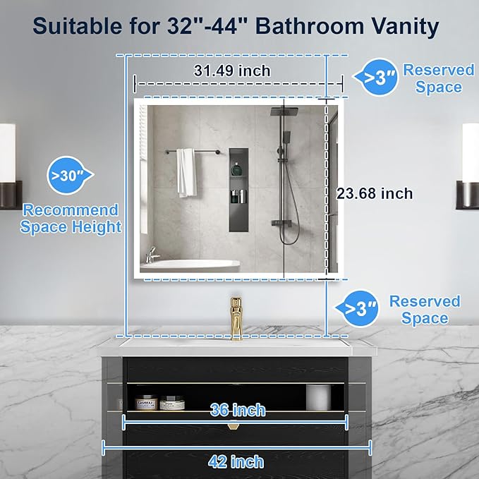 32x24 Lighted Medicine Cabinet with Mirror, Recessed or Surface Led Medicine Cabinet with Color Adjustment and Anti-Fog, 2 Doors Aluminum Cabinet, Cream White (No Assembled Required)