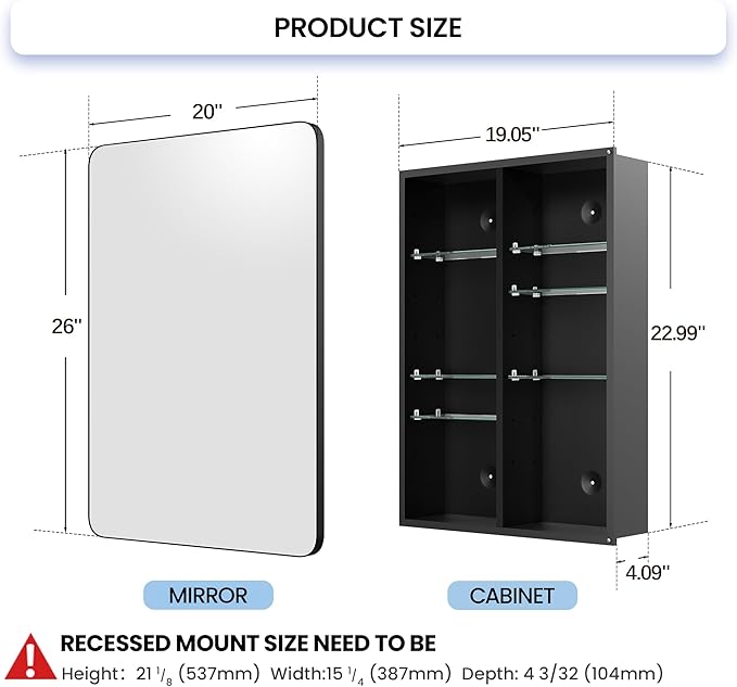 Black Medicine Cabinet with Mirror for Bathroom: 20 x 26 Inch Small Mirrored Vanity Storage with Adjustable Shelves - Surface or Recessed Wall Mount - Matte Black Frame