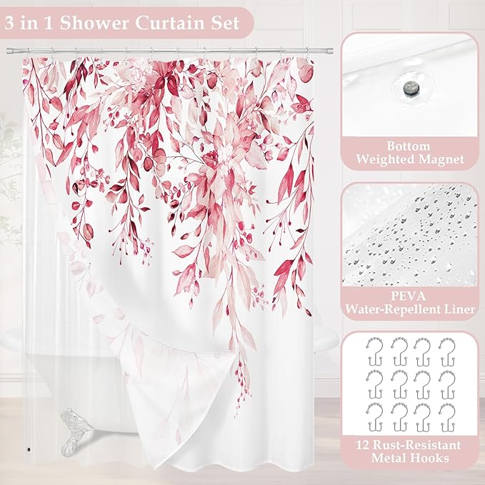 Gibelle 3 in 1 Shower Curtain Set, 72x72 Pink Eucalyptus Bath Curtain and PEVA Liner Set with 12 Metal Hooks, Waterproof Fabric Bathroom Curtain