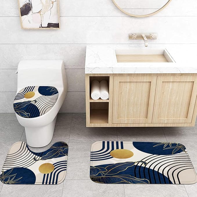 FZDHHY 4Pcs Blue Shower Curtain Set, Boho Bathroom Sets, Bamboo Leaf Bathroom Shower Bathroom Sets with Shower Curtain and Rugs, Shower Curtain with 12 Hooks