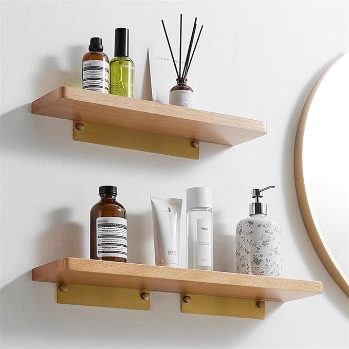 Bathroom Shelf, Floating Wood Shelf with Concave, No-Drill Beech Wood Shelf for Wall Storage, Wall Mounted Wooden Display Shelf for Kitchen, Bathroom, Living Room ,Wall Shelves for Bathroom(Gold,20cm)