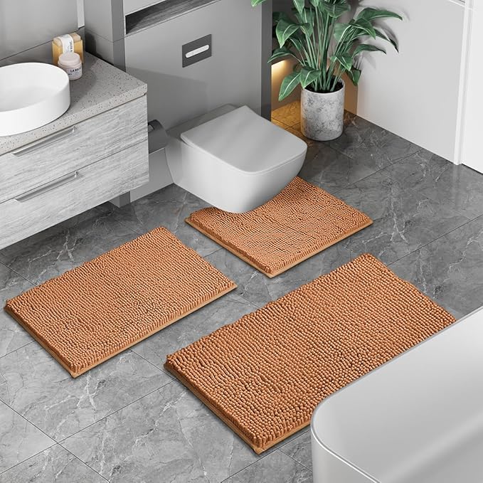 Bathroom Rugs Sets 3 Piece Non Slip Extra Absorbent Shaggy Chenille Bathroom Rugs and Mats Sets, Soft & Dry Bath Rug/Mat Sets for Bathroom Washable Carpets