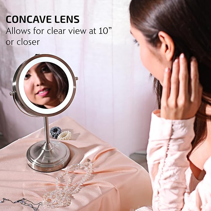 OVENTE 7'' Lighted Makeup Mirror with 1X/7X Magnification, Cordless Tabletop Mount Vanity Mirror with 360° Swivel Design & Double Sided Glow Cosmetic White LED Ring Light, Nickel Brushed MCT70BR1X7X