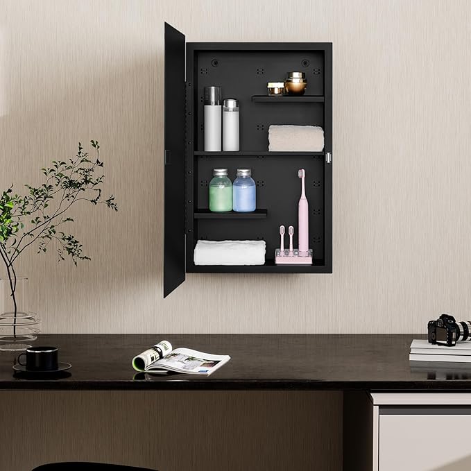 Fundin Black Medicine Cabinet Recessed or Surface Mount, Bathroom Medicine Cabinet with 16 x 26 Beveled Mirror and Adjustable Staggered Shelves