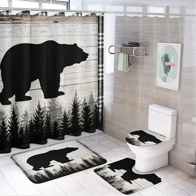 Retro Black Bear 4 Piece Shower Curtain Sets, Non-Slip Rugs, Toilet Lid Cover and Bath Mat, Durable and Waterproof, for Bathroom Decor Set One Size