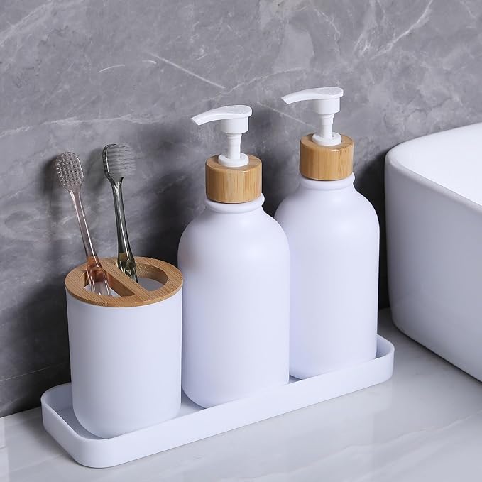 Matte White Bathroom Accessories Set 9PCS,Bamboo Bathroom Accessories Sets Complete with Trash Can,Soap Dispenser and Toothbrush Holder Set,Toilet Brush,Qtip Holder,Vanity Tray,Soap Dish