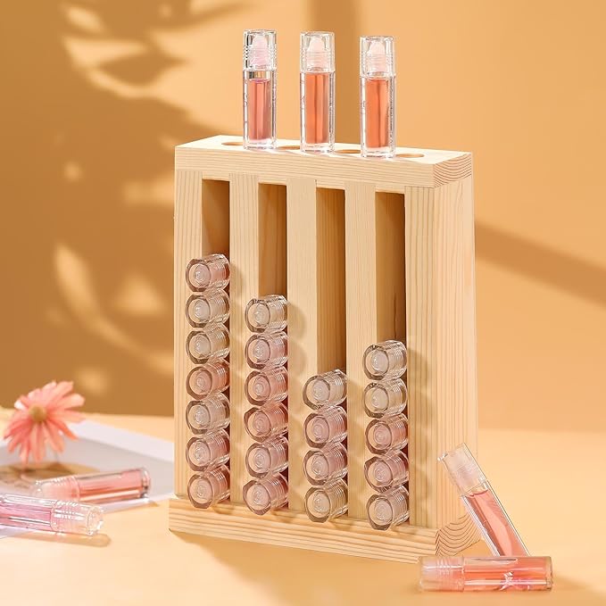 Wonderjune 1 Pcs Wooden Lipsticks Holder 0.7 inch Lip Balm Tube Holder Lip Gloss Organizer Display Wood Lipsticks Tube Tower Organizer for Market Craft Booth Room Display (4 Slot)