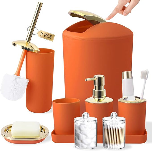 BSSN Orange Bathroom Accessories Set, Luxurious 9-Piece Bath Decor Set with Trash Can, Toilet Brush, Gold Pump Soap Dispenser, Multi-Slot Toothbrush Holder, Qtip Jars, Vanity Tray and Tumbler Cup