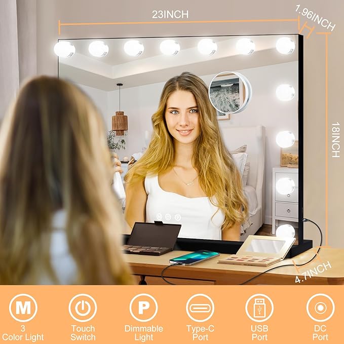 Moonee Black Vanity Mirror with Lights, Hollywood Lighted Makeup Mirror with 15 Dimmable Bulbs and 10X Magnification, 3 Colors Modes, Aluminum Metal Frame, Light Up Mirror for Tabletop/Wall（23" x 18"）