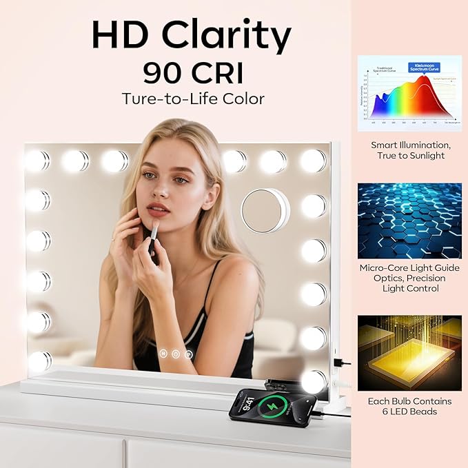 Vanity Mirror with Lights Large, Hollywood Lighted Makeup Mirror with 18 Dimmable Bulbs, 3 Color Lights, 10X Magnifier, USB/Type-C Charging, Gifts for Women, White (32" W x 24" H)