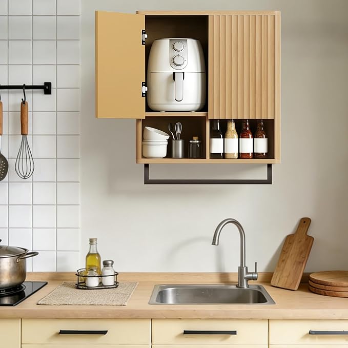 Bathroom Wall Storage Cabinet, Over The Toilet Medicine Cabinet, Hidden Storage & Open Shelves, Small 2-Door Multi-Functional Bathroom Organizer with Towel Bar for Bathroom & Kitchen (Wood)