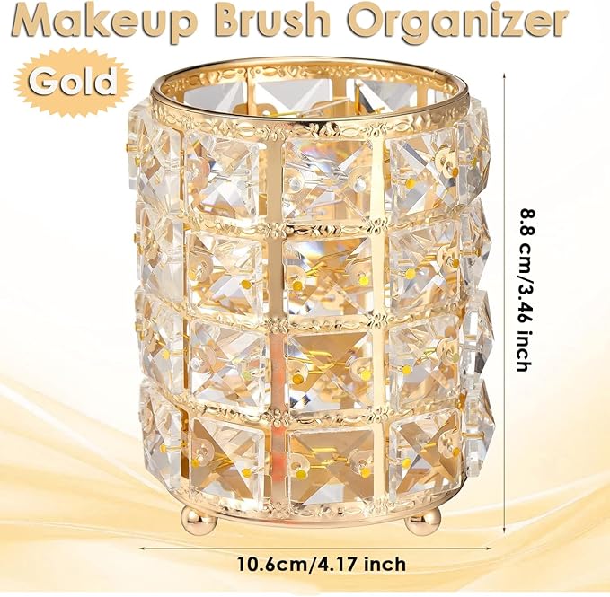 AKOAK 1 Pack Crystal Makeup Brush Holder Office Supplies Storage Rack Eyebrow Pencil/Lipstick/Pencil Makeup Container, Dressing Table, Bedroom, Office (Gold)