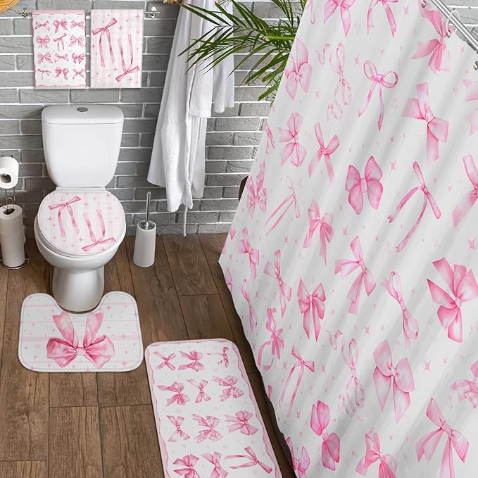 FuWeave 8 Pcs Pink Bow Shower Curtain Sets for Bathroom Decor Cute Coquette Bathroom Accessories Bow Knot Aesthetic Girly Shower Curtain Sets with Towels Carpet Bath Mat Toilet Rugs and 12 Hooks