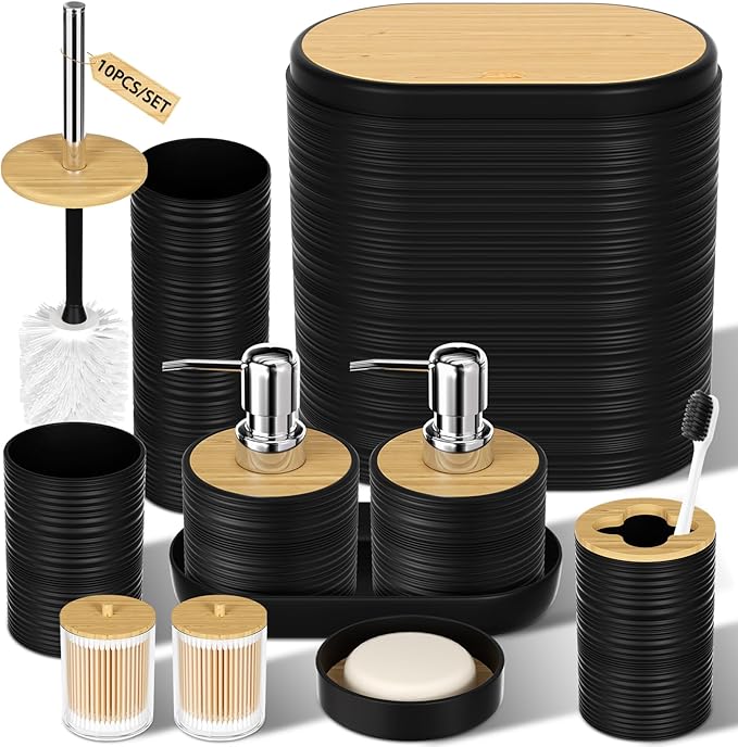 XLHOMO Black Bathroom Set - 10PC Bathroom Accessories Set, Luxury Bathroom Accessory Set with Trash Can,Toilet Brush & 2 PC Soap Dispensers for Apartment Decor and Housewarming