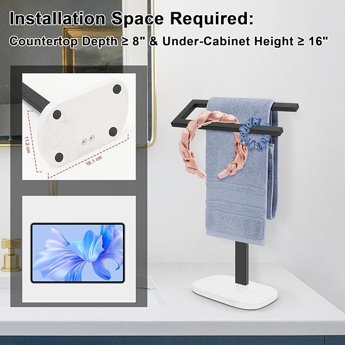 Livabber Standing Hand Towel Holder, 304 Stainless Steel Hand Towel Rack Stand with Heavy Marble Base, Bath Accessories, Towel Ring for Bathroom Kitchen Countertop, 14 Inch (Black)