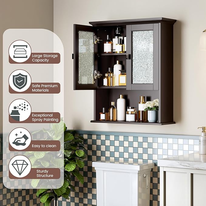 Bathroom Cabinet Wall Mount, Medicine Cabinet Over Toilet Storage Cabinet with Glass Door Build-in Spirit Level Cupboard Hanging Storage for Bathroom Laundry Kitchen Living Room (Espresso)