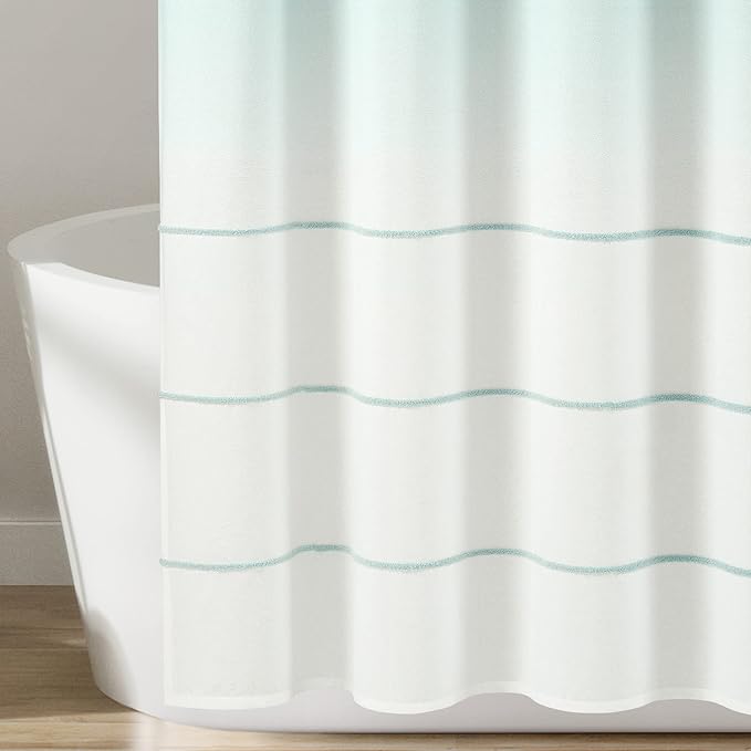 Lush Decor Ombre Embroidery Tassel Cotton Shower Curtain Single 72" W x 72" L Aqua - Blue Shower Curtains for Bathroom - Ombre Bathroom Curtain