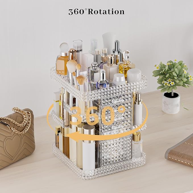 360 Rotating Makeup Organizer for Vanity, Large Skin Care Organizer with 6 Drawers Clear Acrylic Cosmetic Organizer Adjustable Spinning Makeup Storage Perfume Organizer for Dresser (Clear)