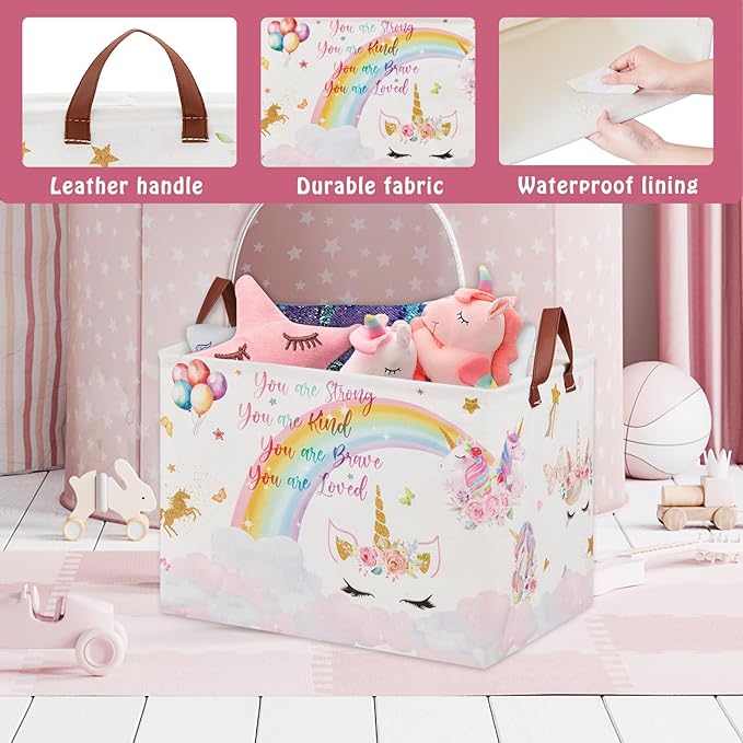 Unicorn Gift Bag Pink Kids Laundry Basket Rainbow Cloud Unicorn Nursery Decor Laundry Hamper ,Room Decor for Girls Bedroom, Rectangular Storage Box Cute Shelf Basket Clothes Book Toy Box Bin