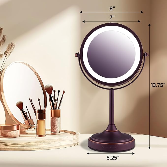 OVENTE 7'' Lighted Makeup Mirror with 1X/7X Magnification, Cordless Tabletop Mount Vanity Mirror with 360° Swivel Design & Double Sided Glow Cosmetic White LED Ring Light, Antique Bronze MCT70ABZ1X7X