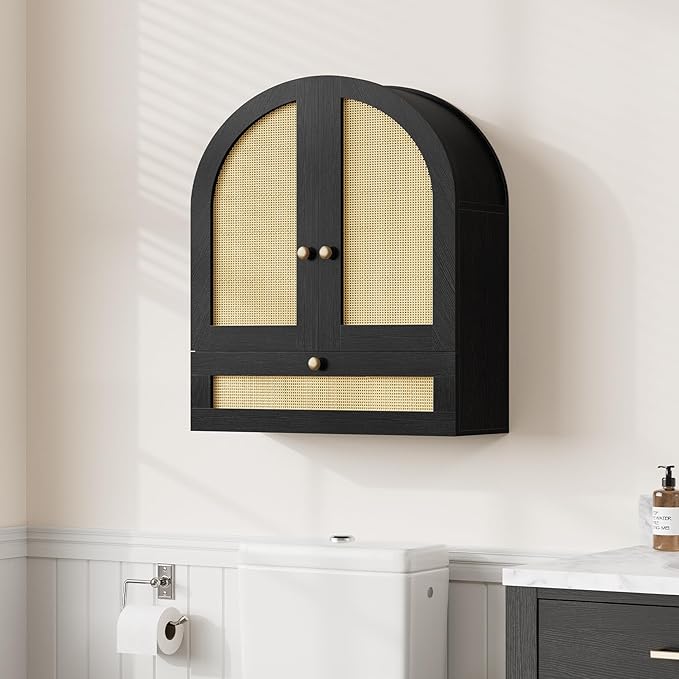 Arched Bathroom Wall Cabinet, Rattan Medicine Cabinet with Drawer, Wall Mounted Hanging Above Toilet Storage Cabinet, Black 4-Tier Small Over The Toilet Storage Cabinet with Door for Kitchen, Laundry
