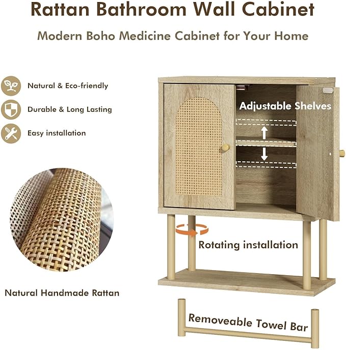 RUSTOWN Rattan Bathroom Wall Cabinet, Modern Boho Medicine Cabinet with Two Arched Rattan Doors, Over The Toilet Storage Cabinet with Adjustable Shelf and Towel Bar for Bathroom (Natural, Small)