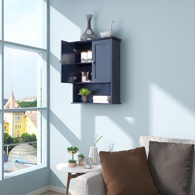VANIRROR Bathroom Wall Cabinet Navy Blue Over Toilet Storage Cabinets 24x30 in Above Toilet Wood Medicine Cabinets Wall Mounted Bathroom Cabinet with 2 Door & Adjustable Shelf