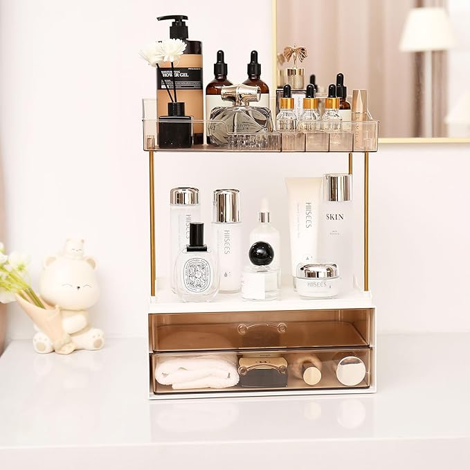 Elegant 2-Tier 2-Drawer Bathroom Countertop Organizer, Multi-Purpose Makeup & Skincare Organizer, Champagne Gold