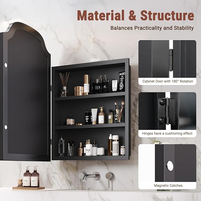 20x30 Inch Medicine Cabinet - Surface Mount or Recessed Bathroom Mirror Cabinet with Storage, Metal Framed, Sturdy & Easy Installation（Black）
