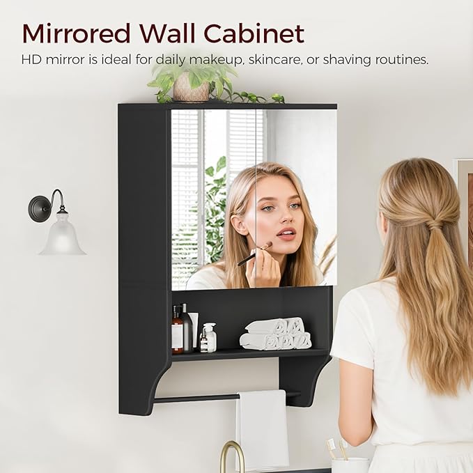 MAHANCRIS Bathroom Wall Cabinet with Mirror, Medicine Cabinet with 2 Door and Adjustable Shelf, Wall Mounted Over The Toilet Storage Cabinet for Bathroom Laundry Room Kitchen, 18.9"W x 26.2"H, Black