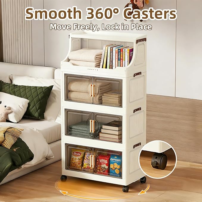 217QT Stackable Storage Bins with Lids & Rack, 5 Tier Large Capacity Foldable Storage Cabinet, Clear Collapsible Pantry Organizer for Home, Kitchen, Bathroom, Dorm, Office, Clear