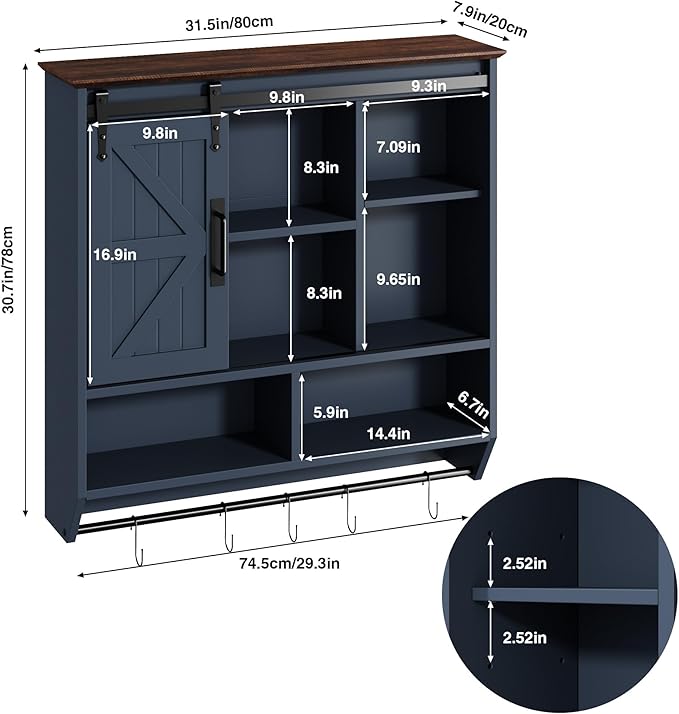 RUSTOWN Farmhouse Bathroom Wall Cabinet,3-Tier Rustic Wood Wall Mounted Cabinets,Vintage Medicine Cabinet with Sliding Barn Door and Adjustable Shelves,Over The Toilet Storage Cabinet (Navy Blue)