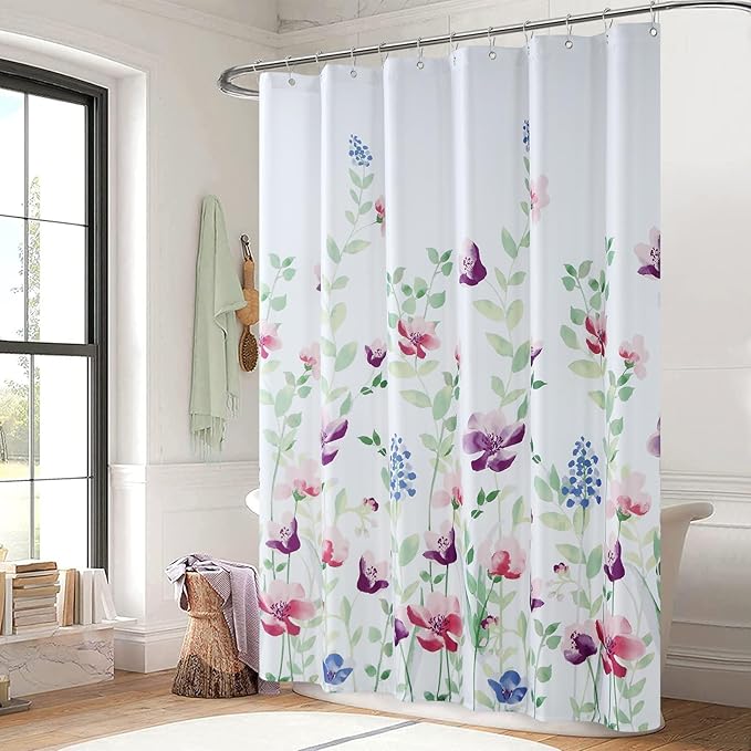 Extra Long Fabric Shower Curtain, Green and Pink Watercolor Floral Plant Shower Curtains for Bathroom, Purple and Blue Flower Bathroom Curtains, 72" W x 84" H