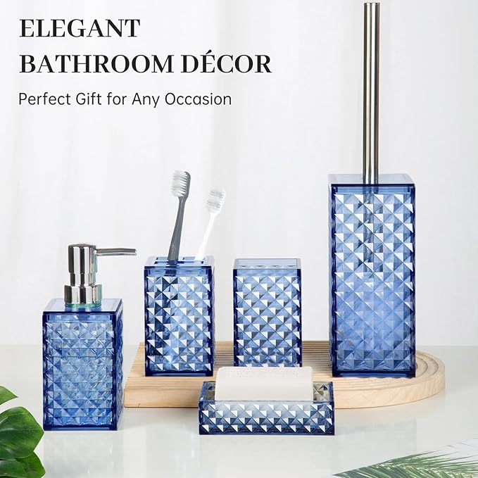 Bathroom Accessory Set, Grid Pattern 5 Pcs Plastic Bathroom Set Include Toilet Bursh, Soap Dispenser, Soap Dish, Toothbrush Holder, Mousewash Cup, Modern Bahtroom Décor Set(Dark Blue)