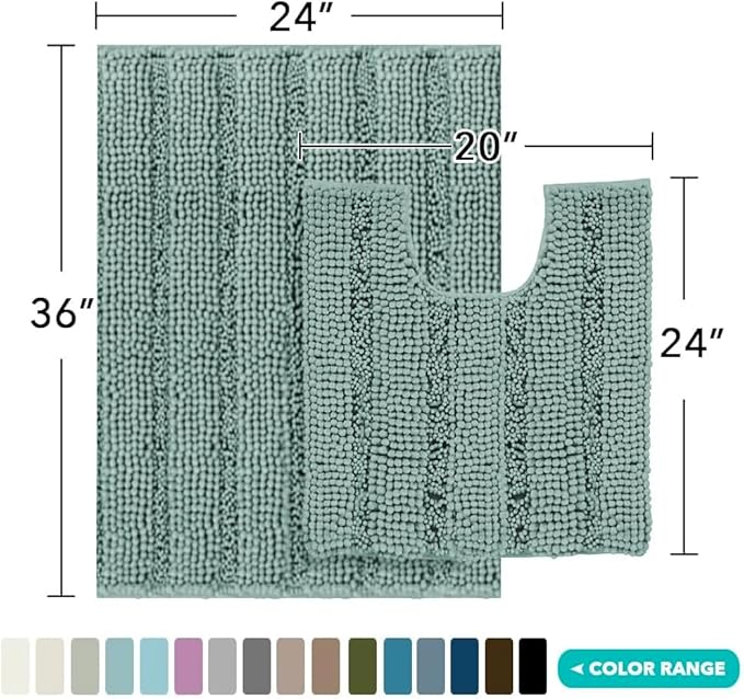 Turquoize Chenille Bathroom Rugs Set Non-Slip Bath Mats for Bathroom Super Absorbent Shaggy Rugs for Tub Shower Toilet Bath Rug Plus U Contour Rug(Oversized: 24" x 36" and 20" x 24" U), Duckegg Blue