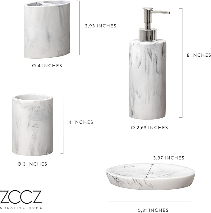 ZCCZ Bathroom Accessory Set, 4 Pcs Marble Look Bathroom Vanity Countertop Bathroom Décor Sets Accessories with Soap Dispenser, Toothbrush Holder Set, Tumbler, Soap Dish (White Marble Look Rounded)