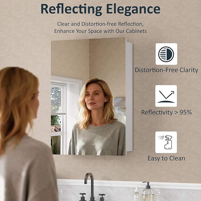 24x30 Inch Medicine Cabinet with Mirror, Recessed or Surface Mounted Bathroom Cabinets for Storage, 2 Fully Adjustable Tempered Glass Shelves, Soft-close DTC Hinges, HD Reflection Mirror Door, Silver