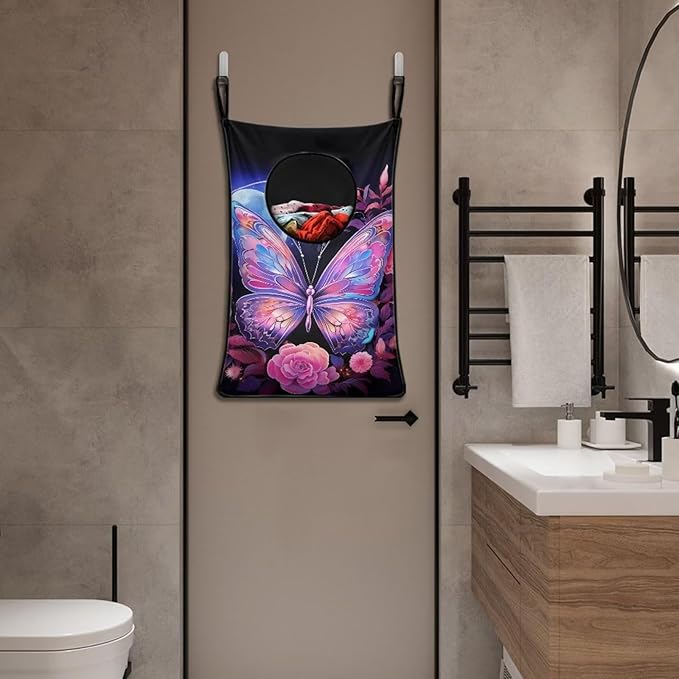 ZFRXIGN Pink Rose Butterfly Hanging Hamper Laundry Bag Laundry Baskets Over Door Laundry Hamper Space Saving Storage Organizers Dirty Clothes Hampers for Girls Gifts Reusable