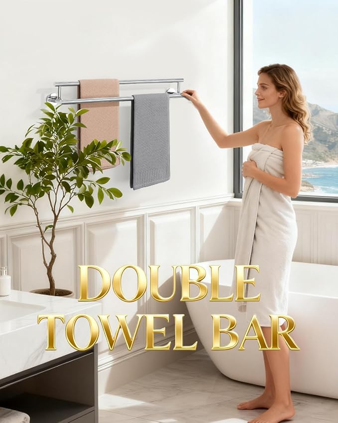 Alise Double Towel Bar Polished Chrome,24" Towel Rack for Bathroom Wall Mounted,Bathroom Towel Rack SUS304 Stainless Steel Bathroom Towel Holder Quick Drying Hand Towel Holder Towel Bar for Walls