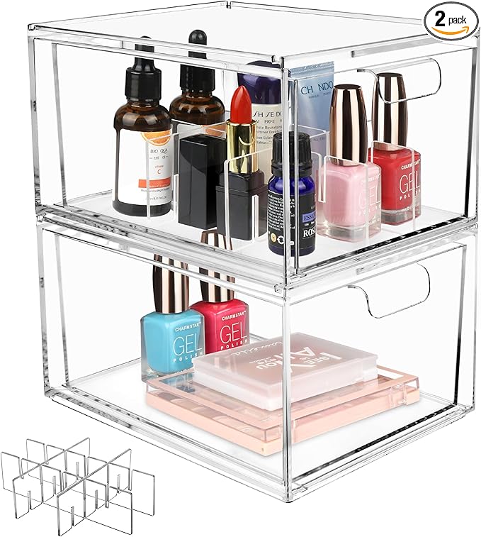 Yes!Fresh Drawer Organizer Stackable Cosmetic Desk Organizer with Removable Interior Partitions for Vanity Organization and Storage,Clear Bathroom Organizer (2)