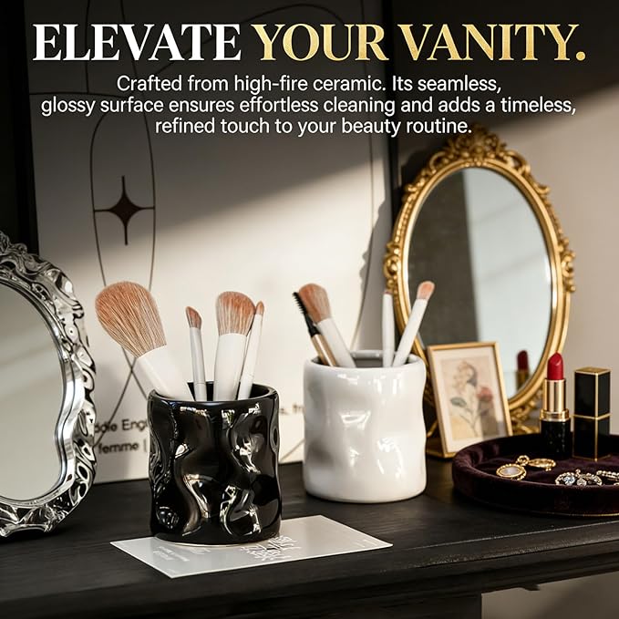 Premium Ceramic Makeup Brush Holder - Weighted & No-Tip Organizer with Easy-Clean Glaze, Vanity Storage for Brushes, Elegant Bathroom & Dresser Tabletop Decor An ideal gift for women (black)