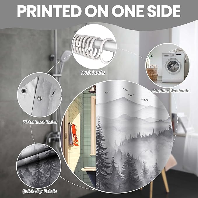 NBVKO 4Pcs Grey Misty Forest Shower Curtain Set with 12 Hooks Non-Slip Rugs,Toilet Lid Cover and Bath Mat,Nature Tree Mountain Bathroom Decor for Hotel & Home Bathroom