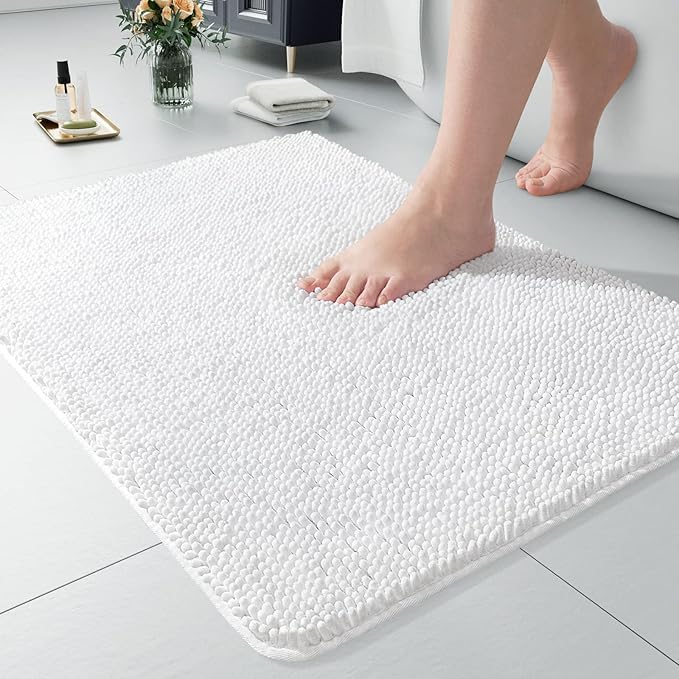 LOCHAS Luxury Bathroom Rug Shaggy Bath Mat 24 x 17 Inch, Washable Non Slip Bath Rugs for Bathroom Shower, Soft Plush Chenille Absorbent Carpets Mats, White