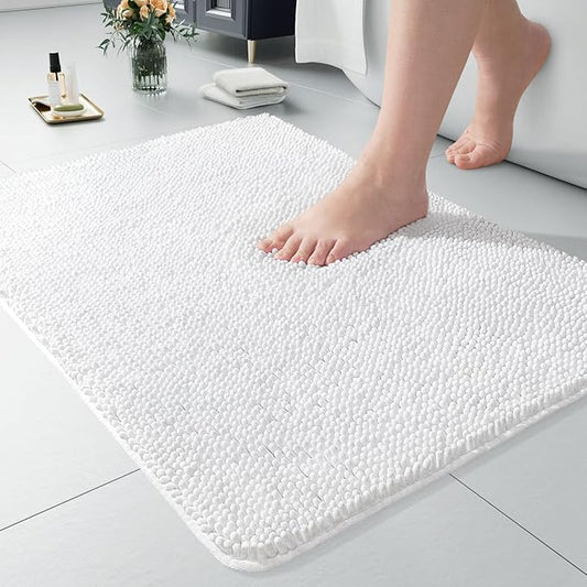 LOCHAS Luxury Bathroom Rug Shaggy Bath Mat 24 x 17 Inch, Washable Non Slip Bath Rugs for Bathroom Shower, Soft Plush Chenille Absorbent Carpets Mats, White