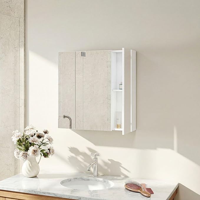 Panana Bathroom Mirror Cabinet Medicine Cabinets with 3 Mirrored Door Wall Mounted Cabinet with Mirror, Storage Shelf with Adjustable Shelves Storage Organizer Kitchen Cupboard (White, 23.6x23.6 inch)