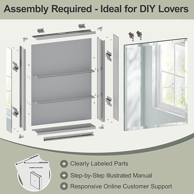 20x26 Inch Beveled Aluminum Medicine Cabinet with Mirror, Assembly Needed, Recessed/Wall Mount, 2 Adjustable Tempered Glass Shelves, Bathrroom Medicine Cabinet, Side Mirror, Reversable Door