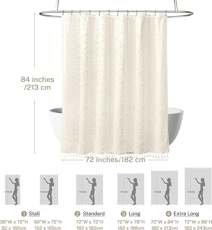 Extra Long Cream Boho Shower Curtain - Woven Fabric, 72 x 84 Tufted Chevron Textured Striped Modern Farmhouse Minimalist Cloth Curtain for Bathroom
