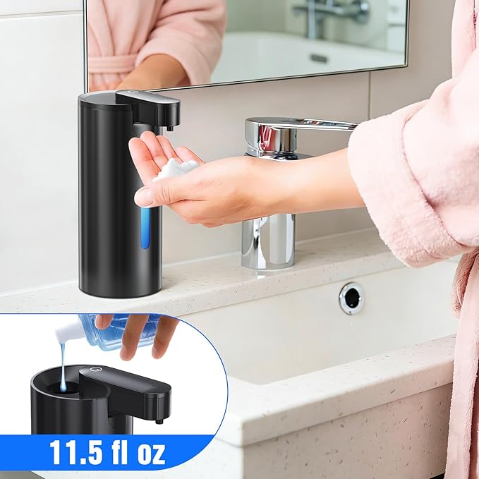 Automatic Foaming Soap Dispenser Touchless, Stainless Steel 11.5 oz 3 Levels Adjustable Hand Soap Dispenser with Rechargeable Sensor Pump for Kitchen & Bathroom Liquid Soap,Black